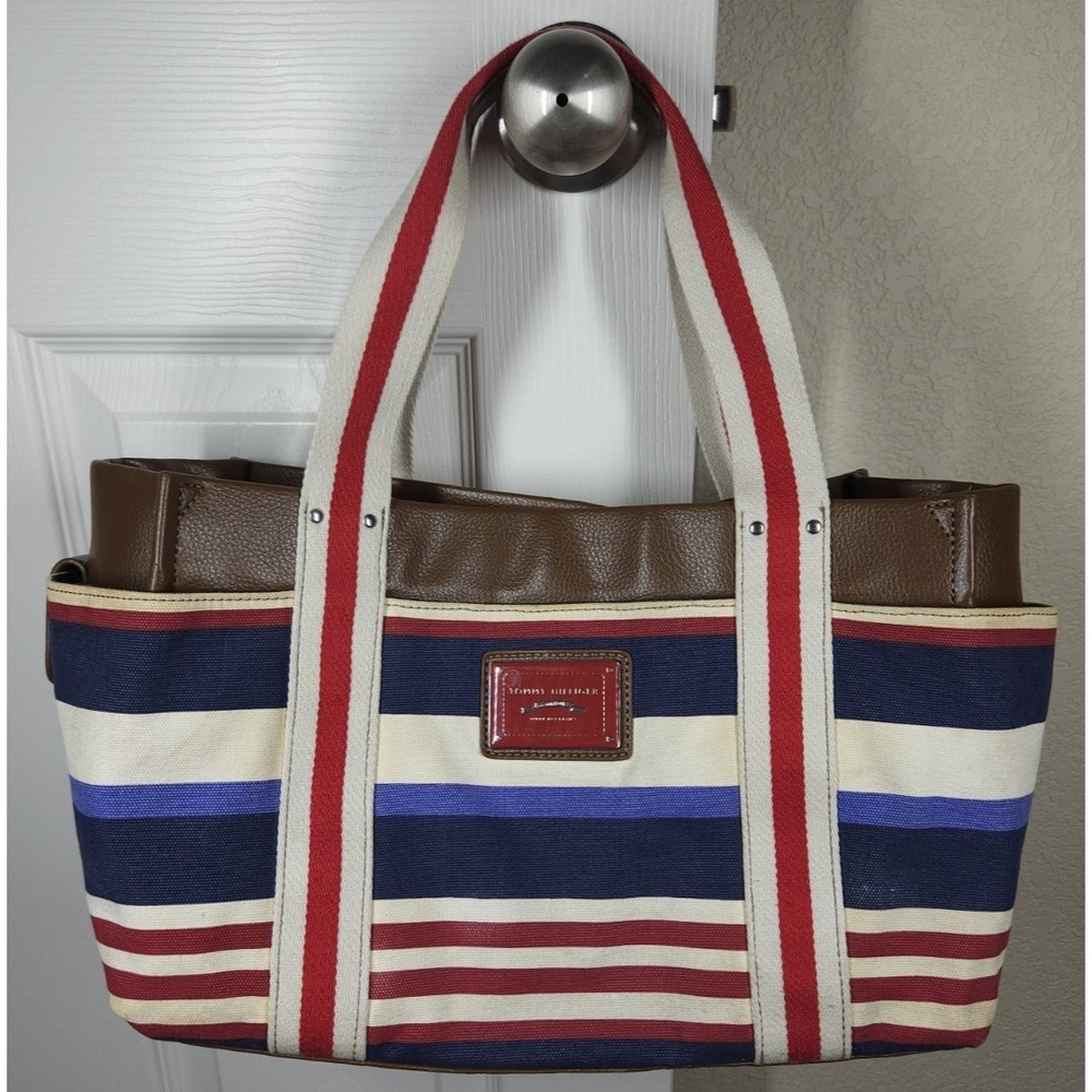 TOMMY HILFIGER Red/White/Blue Striped Canvas Satchel Tote Bag Brown Faux Leather